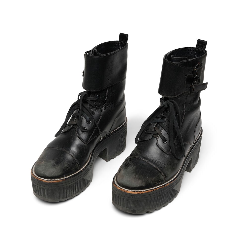 A PAIR OF LOUIS VUITTON BLACK LEATHER PLATFORM COMBAT BOOTS (1 of 2)