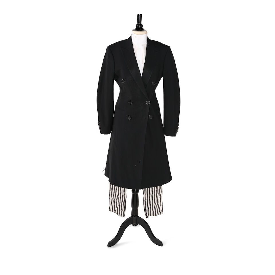 A CÉLINE BLACK WOOL AND CASHMERE LONG BLAZER, A RALPH LAUREN PURPLE LABEL SHIRT AND A PAIR ...: A CÉLINE BLACK WOOL AND CASHMERE LONG BLAZER, A RALPH LAUREN PURPLE LABEL SHIRT AND A PAIR OF BALMAIN SKINNY JEANS The double-breasted long blazer marked size 38, the 2017 sample MOD SPD Collar