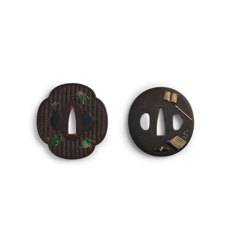 A HIRATA-SCHOOL CLOISONNÉ-ENAMEL DECORATED TSUBA (HAND GUARD) AND A MIXED-METAL TSUBA Edo p...: A HIRATA-SCHOOL CLOISONNÉ-ENAMEL DECORATED TSUBA (HAND GUARD) AND A MIXED-METAL TSUBA Edo period (1615-1868), 19th century The first, a mokkō iron tsuba chiseled on the surface to resemble