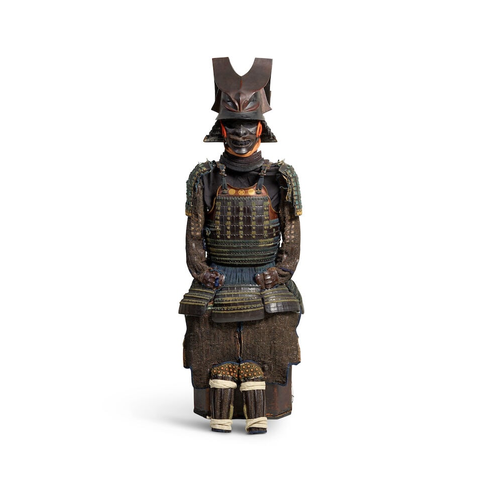 AN ARMOR WITH A KAWARI KABUTO (ECCENTRICALLY-SHAPED HELMET) Momoyama (1573-1615) and Edo (1615-1...: AN ARMOR WITH A KAWARI KABUTO (ECCENTRICALLY-SHAPED HELMET) Momoyama (1573-1615) and Edo (1615-1868) periods, late 16th-17/18th century The components lacquered black with some nashiji elements and la