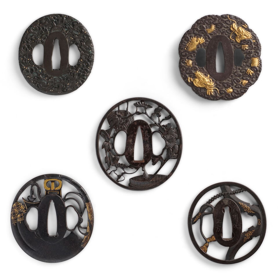 FOUR IRON TSUBA (HAND GUARDS) AND ONE SHIBUICHI TSUBA Edo period (1615-1868) or Meiji era (1868-... - 2