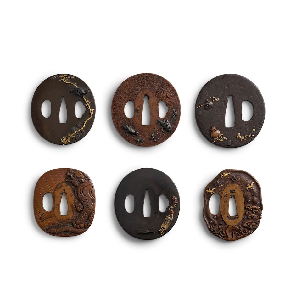 SIX MIXED-METAL TSUBA (HAND GUARDS) Edo period (1615-1868), 18th/19th century (7): SIX MIXED-METAL TSUBA (HAND GUARDS) Edo period (1615-1868), 18th/19th century Comprising an oval shibuichi migakiji tsuba inlaid with copper, gold, and silver with a bird on a branch, rice stooks, and