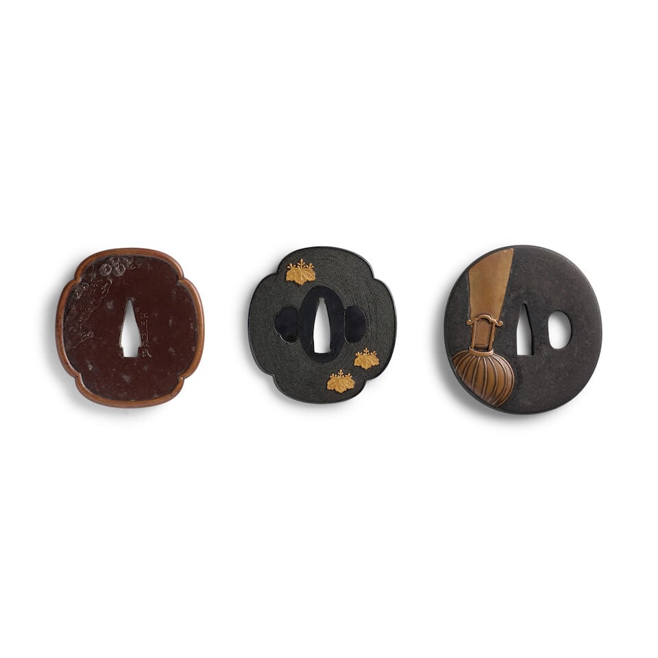 TWO INLAID-IRON TSUBA (HAND GUARDS) AND A SHAKUDŌ TSUBA Edo period (1615-1868) or Meiji era... - 2
