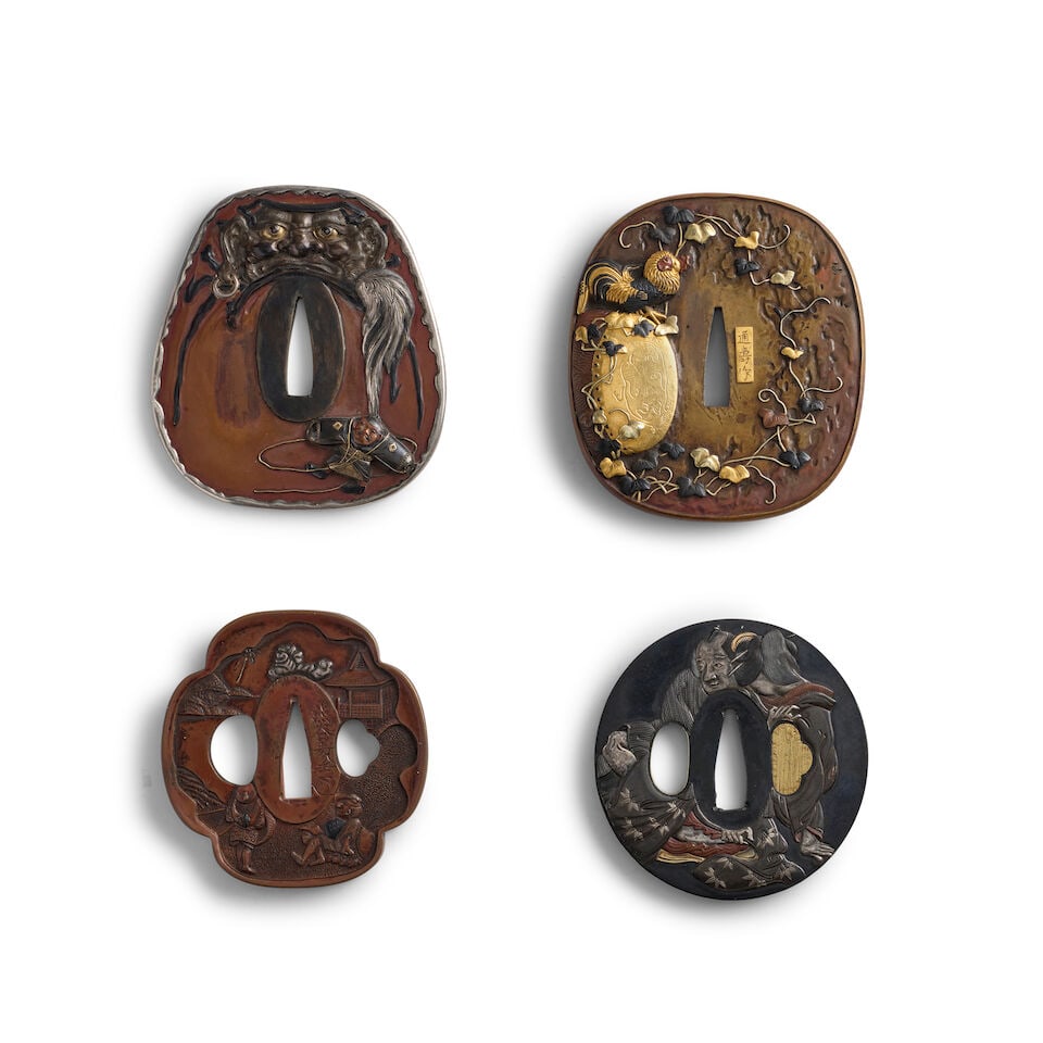 FOUR MIXED-METAL TSUBA (HAND GUARDS) Edo period (1615-1868) or Meiji era (1868-1912), 19th centu...: FOUR MIXED-METAL TSUBA (HAND GUARDS) Edo period (1615-1868) or Meiji era (1868-1912), 19th century Comprising a copper tsuba in the form of Daruma meditating while holding a fly whisk, a kite below an