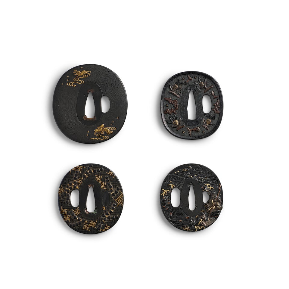 FOUR SHAKUDŌ TSUBA (HAND GUARDS) Momoyama (1573-1615) and Edo (1615-1868) period, 17th and ...: FOUR SHAKUDŌ TSUBA (HAND GUARDS) Momoyama (1573-1615) and Edo (1615-1868) period, 17th and 19th century Comprising a Mito Gotō-school shakudō nanakoji oval tsuba inlaid with rabbits run