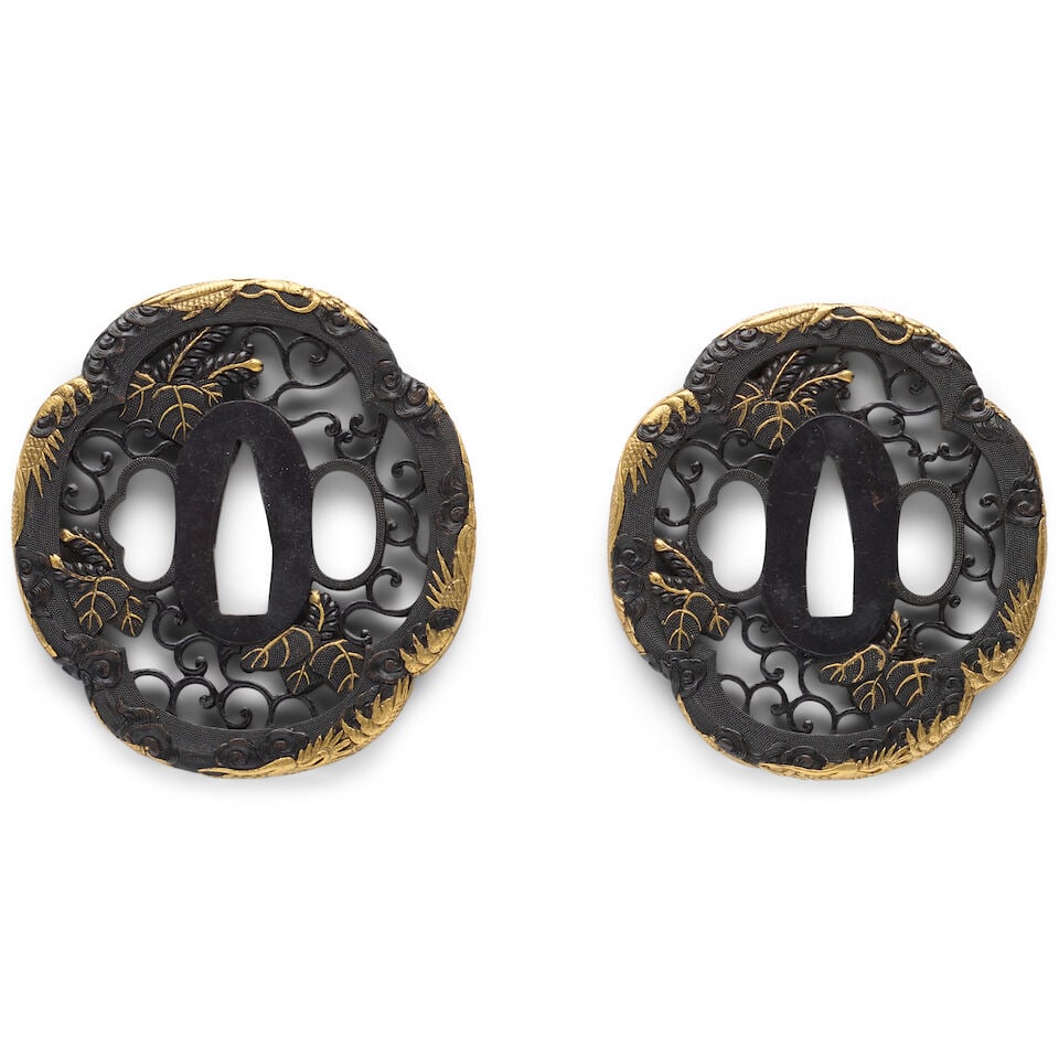 ŌMORI LINEAGE A Shakudō (Gold-Copper Alloy) Daisho Pair of Tsuba (Handguards) Edo per... - 2