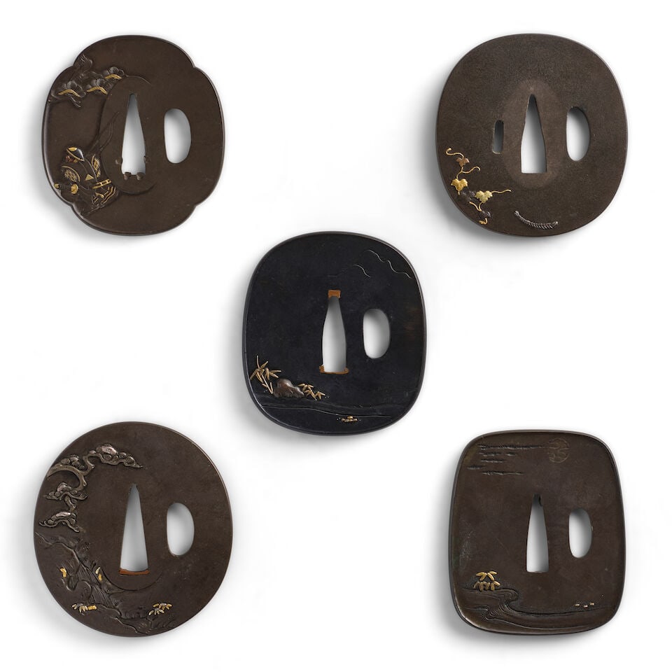 FIVE MIXED-METAL TSUBA (HAND GUARDS) Edo period (1615-1868) or Meiji era (1868-1912), 19th centu... - 2