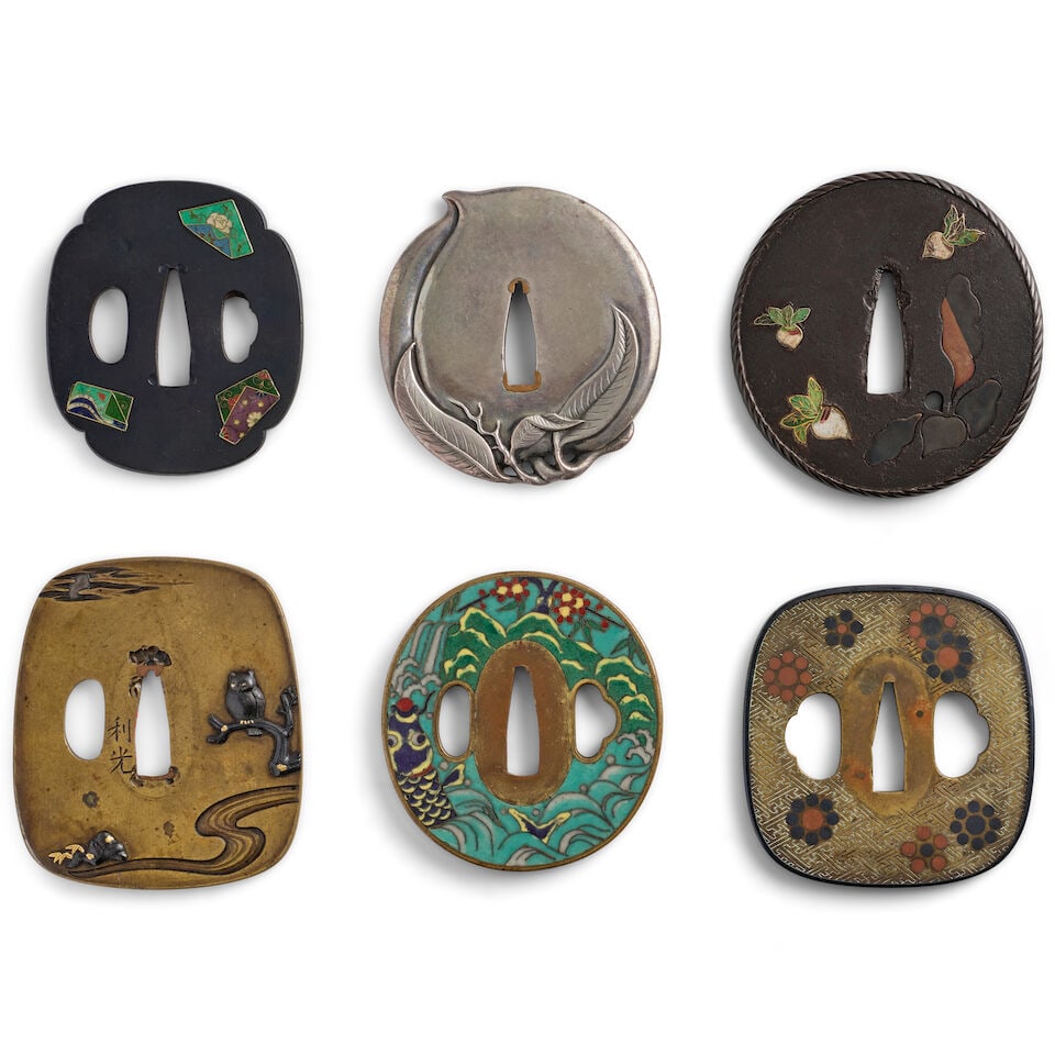 THREE ENAMEL-DECORATED TSUBA (HAND GUARDS) AND THREE MIXED-METAL TSUBA Edo period (1615-1868) or... (1 of 2)