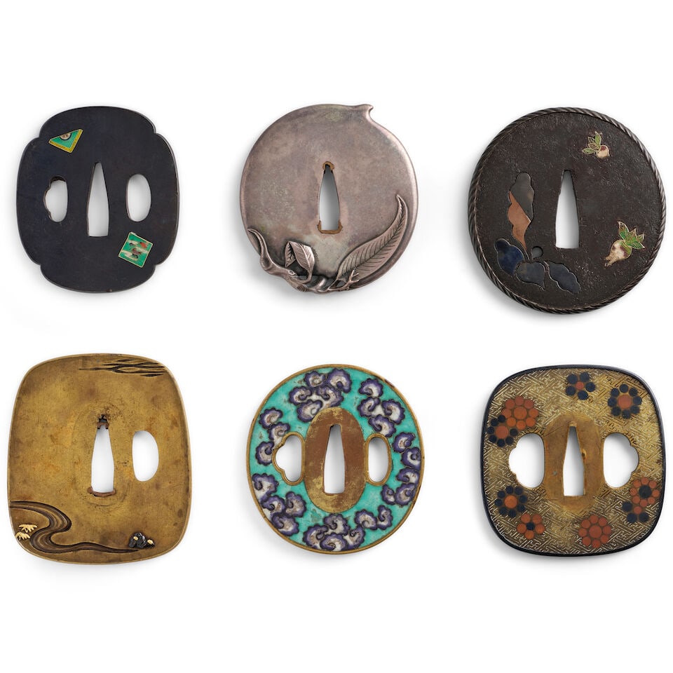 THREE ENAMEL-DECORATED TSUBA (HAND GUARDS) AND THREE MIXED-METAL TSUBA Edo period (1615-1868) or... - 2