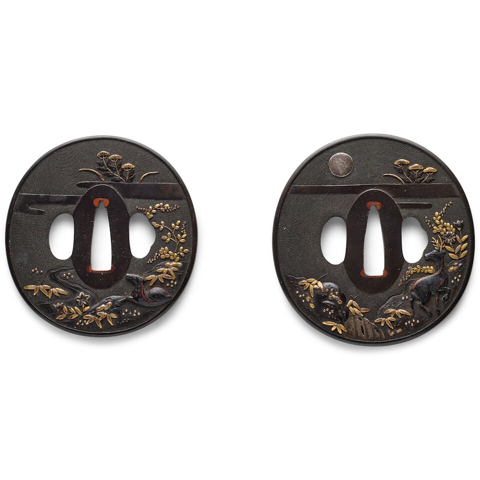ŌMORI LINEAGE A Shakudō Daisho Pair of Tsuba (Hand Guards) Edo period (1615-1868), 18t...: ŌMORI LINEAGE A Shakudō Daisho Pair of Tsuba (Hand Guards) Edo period (1615-1868), 18th/19th century Oval, chiseled and inlaid of gold, silver, and copper with deer among rocks, a stream and
