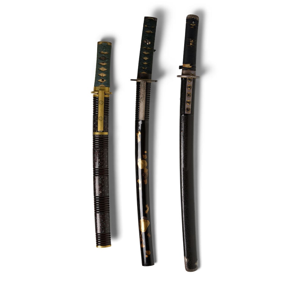 TWO WAKIZASHI IN MOUNTS AND A TANTŌ IN MOUNTS Edo period (1615-1868), 18th-19th century (3): TWO WAKIZASHI IN MOUNTS AND A TANTŌ IN MOUNTS Edo period (1615-1868), 18th-19th century The first honzukuri, iorimune, kogissaki with a slight toriizori curvature, forged in itamehada with a sugu