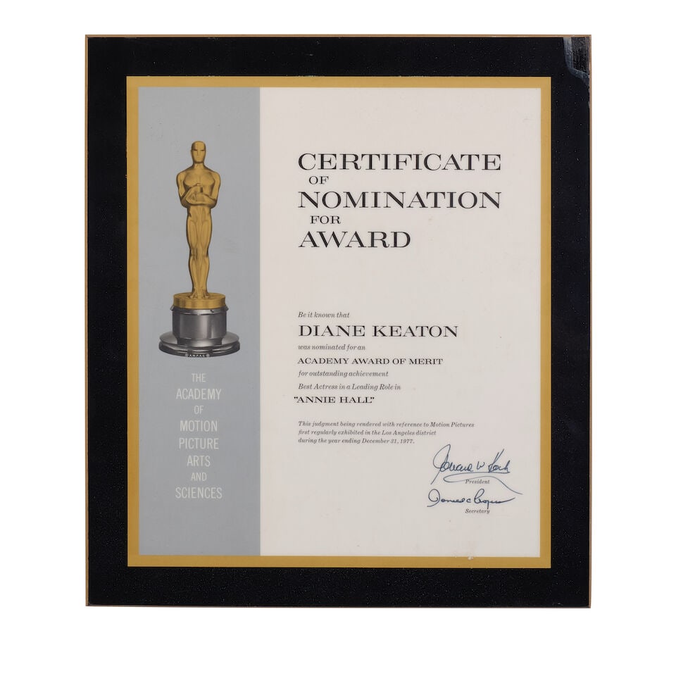 DIANE KEATON: AN ACADEMY AWARD NOMINATION CERTIFICATE FOR ANNIE HALLUnited Artists, 1977: DIANE KEATON: AN ACADEMY AWARD NOMINATION CERTIFICATE FOR ANNIE HALL United Artists, 1977 Laminated on board, for the year ending 31 December 1977, presented to Diane Keaton for Best Actress in a