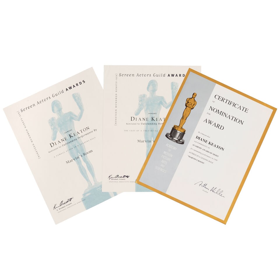 DIANE KEATON: A GROUP OF CERTIFICATES OF NOMINATION FOR MARVIN'S ROOMMiramax Films, 1996: DIANE KEATON: A GROUP OF CERTIFICATES OF NOMINATION FOR MARVIN'S ROOM Miramax Films, 1996 Comprising a Certificate of Nomination for Award from the Academy of Motion Picture Arts and Sciences for