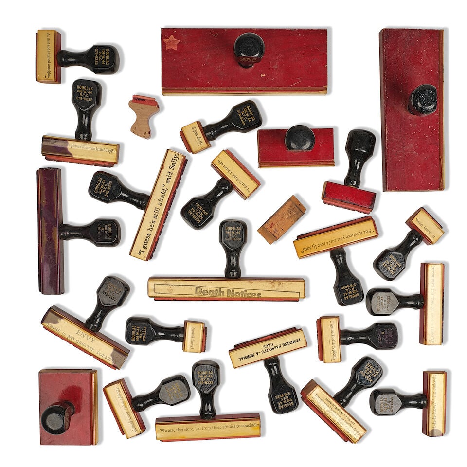 A GROUP OF RUBBER STAMPS: A GROUP OF RUBBER STAMPS Some used in Diane Keaton's collages, including Death Notices, A SMILE costs nothing, but gives much., and 'I guess he's still afraid,' said Sally. (25) This lot is subject