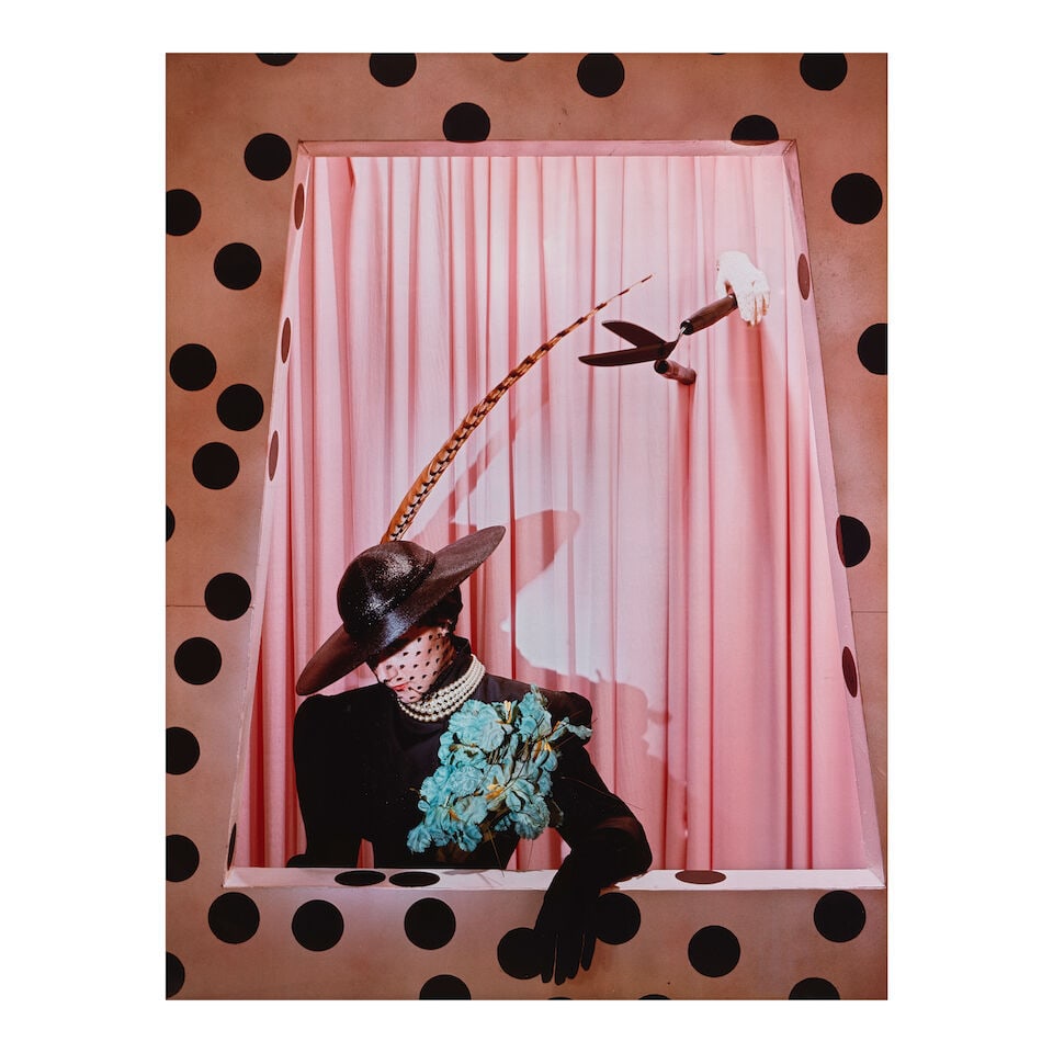 DIANE KEATON (AMERICAN, 1946-2025): A LARGE FORMAT COLOR PHOTOGRAPH OF A WOMAN WITH HAT AND POLK...: DIANE KEATON (AMERICAN, 1946-2025): A LARGE FORMAT COLOR PHOTOGRAPH OF A WOMAN WITH HAT AND POLKA DOTS sight 60 3/4x 47in framed 63 x 48 3/4in This lot is subject to the following lot symbols: W