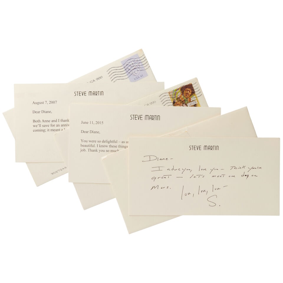 DIANE KEATON: THREE LETTERS FROM STEVE MARTIN: DIANE KEATON: THREE LETTERS FROM STEVE MARTIN Expressing admiration and friendship, on personalized letterhead, two typed and hand-signed one dated 07 August 2007 and the other 11 June 2015, one handw