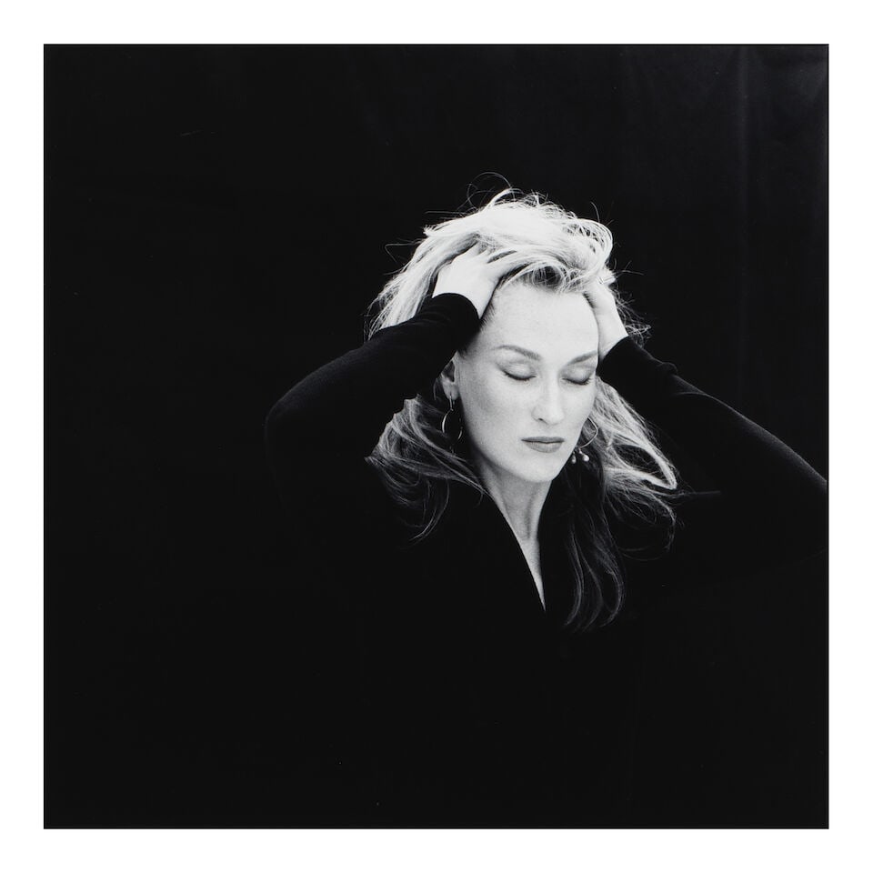 BRIGITTE LACOMBE (AMERICAN, BORN 1950): A BLACK AND WHITE PHOTOGRAPH OF MERYL STREEP1988: BRIGITTE LACOMBE (AMERICAN, BORN 1950): A BLACK AND WHITE PHOTOGRAPH OF MERYL STREEP 1988 Gelatin silver print; initialed, titled, dated, and annotated 'New York' in ink in the margin, framed. 15 x 15