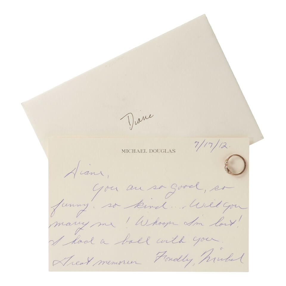 DIANE KEATON: A HANDWRITTEN LETTER AND RING FROM MICHAEL DOUGLAS: DIANE KEATON: A HANDWRITTEN LETTER AND RING FROM MICHAEL DOUGLAS Expressing fond memories of working together and with a jovial proposal of marriage, with a metal rhinestone inset infinity ring, on