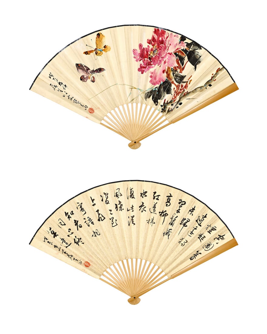 HUANG LEISHENG (1928-2011) Butterflies and flowers; Calligraphy in Running Script, 1988 (1 of 3)