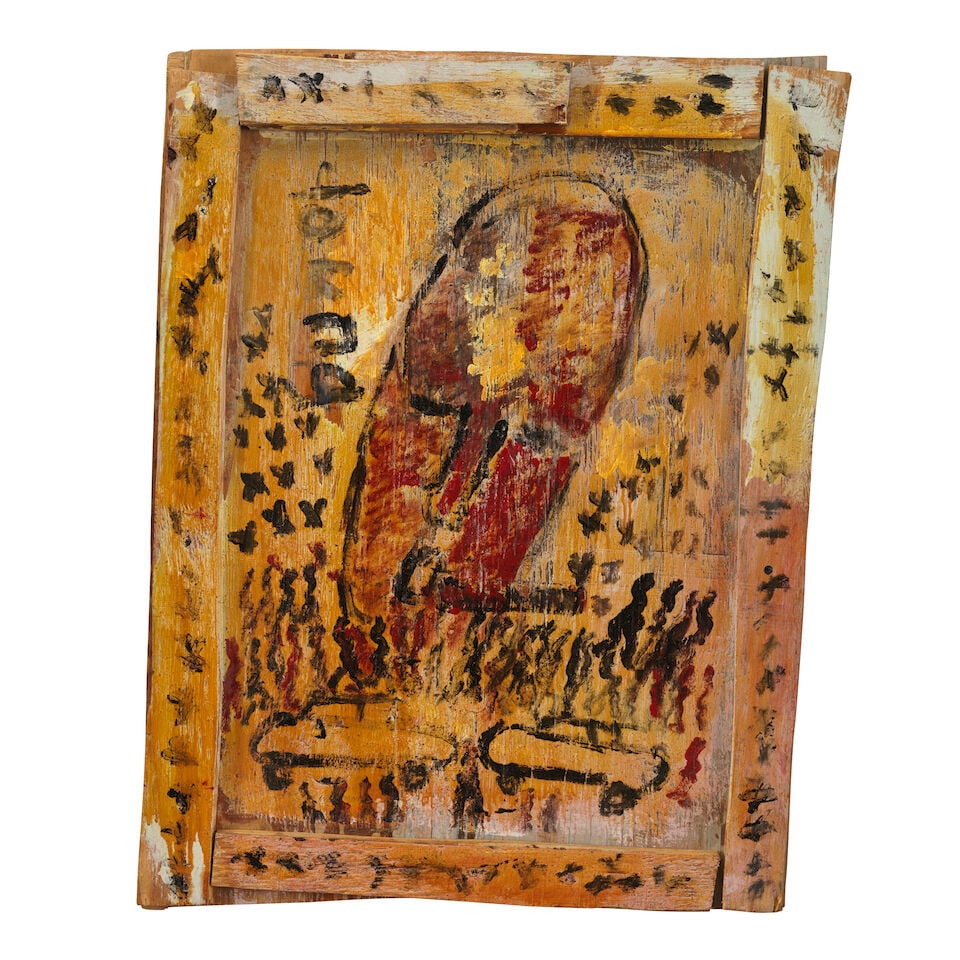PURVIS YOUNG (1943-2010) Big Smoke 31 x 24 in (78.7 x 60.9 cm) (Painted circa 1997): PURVIS YOUNG (1943-2010) Big Smoke signed 'Young' (upper left) oil and wood collage on found wood panel 31 x 24 in (78.7 x 60.9 cm) Painted circa 1997 Footnotes: Provenance Private collection, Deerfie