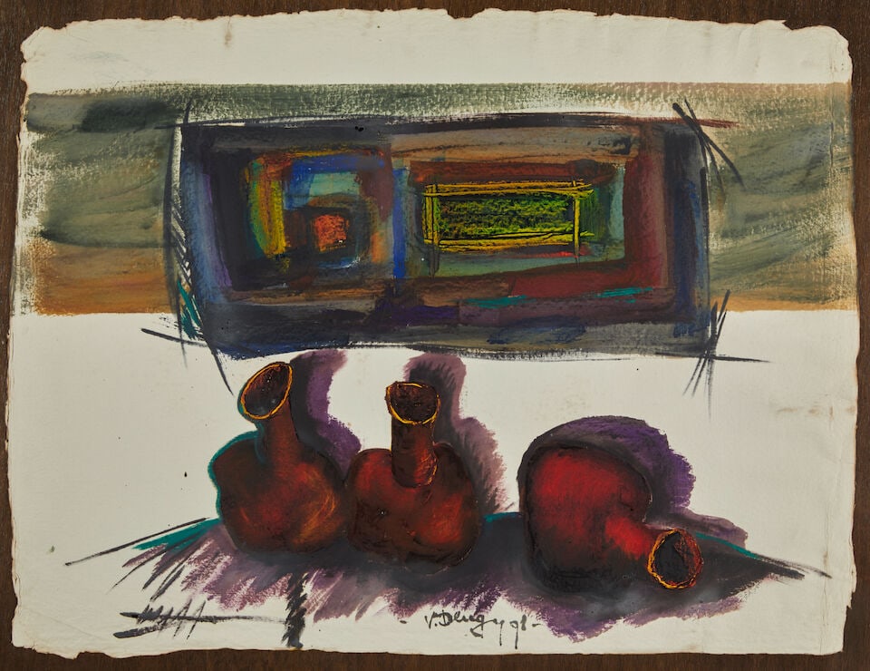 VITALY DLUGY (1934-1990) Three Pomegranates: VITALY DLUGY (1934-1990) Three Pomegranates signed and dated indistinctly 'V. Dlugy ...' (lower center) oil on handmade paper 25 3/16 x 33 7/16 in (64.0 x 85.0 cm) For further information on this lot