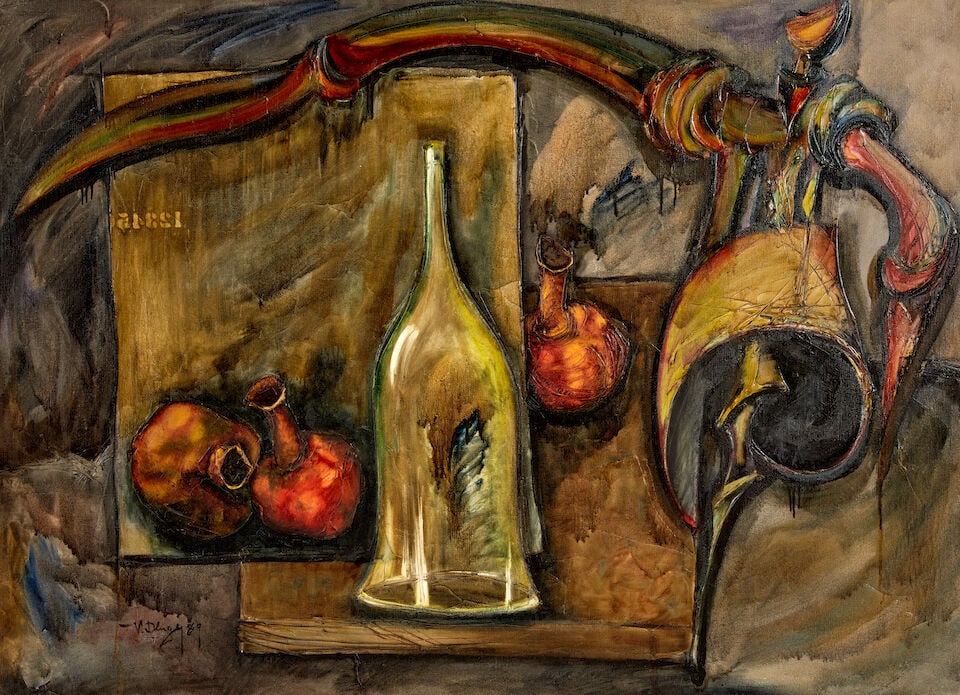 VITALY DLUGY (1934-1990) A Still Life with a Cloche and Pomegranates: VITALY DLUGY (1934-1990) A Still Life with a Cloche and Pomegranates signed and dated 'V. Dlugy 89' (lower left) oil on canvas 48 1/16 x 66 15/16 in (122.0 x 170.0 cm) Painted in 1989 This lot is