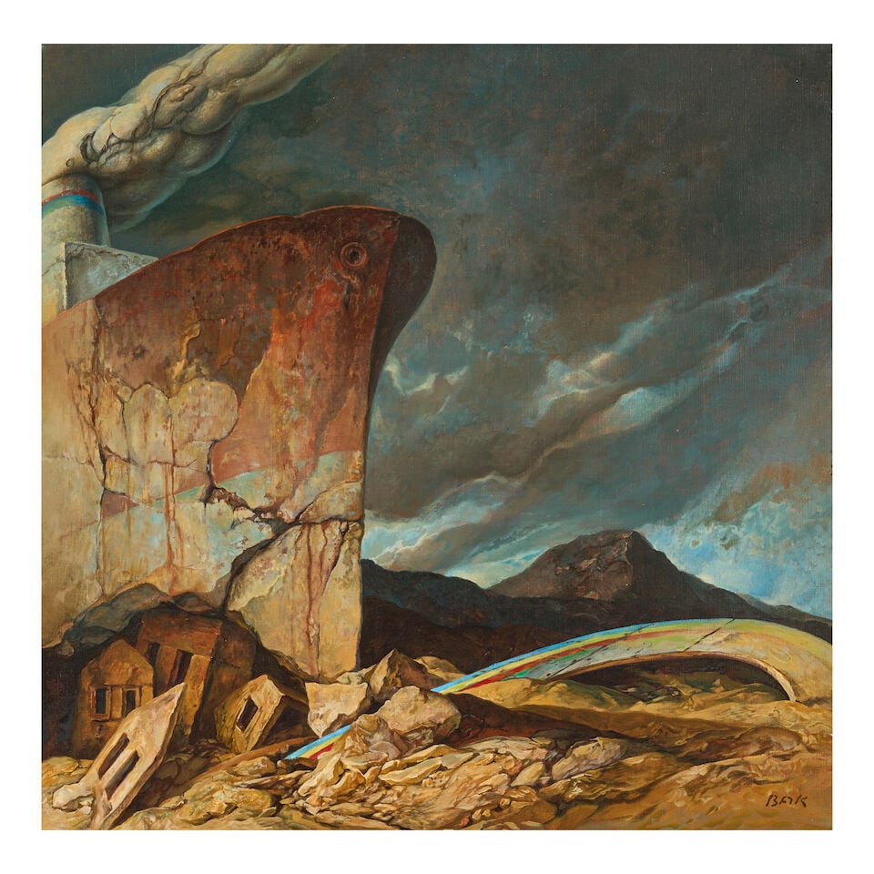 SAMUEL BAK (B. 1933) After the Flood: SAMUEL BAK (B. 1933) After the Flood signed 'BAK' (lower right) oil on canvas 16 1/8 x 16 1/8 in (41.0 x 41.0 cm) Painted 1970-1971 Footnotes: Provenance Sale: Tiroche Auction House, Israel, January