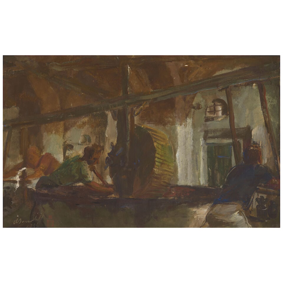 ALEXANDRE IACOVLEFF (1887-1938) Le Pressoir: ALEXANDRE IACOVLEFF (1887-1938) Le Pressoir signed and dated 'Iacovleff 1937' with artists monogram (lower left) oil on canvas 21 x 33 3/4 in (53.3 x 85.7 cm) Painted in