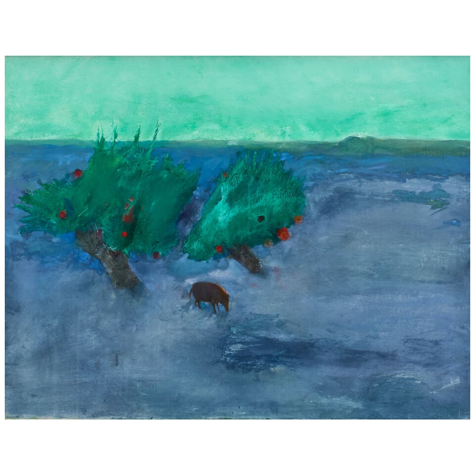 ANTHONY FRY (1927-2016) Pomegranate Trees and Pig: ANTHONY FRY (1927-2016) Pomegranate Trees and Pig oil on canvas 38 x 49 1/2 in (96.5 x 125.7 cm) Footnotes: Provenance Browse & Darby, London. Acquired from the above by the present owner. For