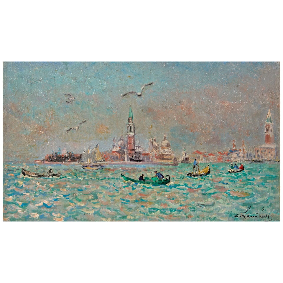 ANDRÉ HAMBOURG (1909-1999) Midi à Venise: ANDRÉ HAMBOURG (1909-1999) Midi à Venise signed 'a Hambourg' (lower right); signed, dated and inscribed 'a.h. / Midi à Venise / printemps 69' (on the reverse) oil on canvas 6 1/2 x 10