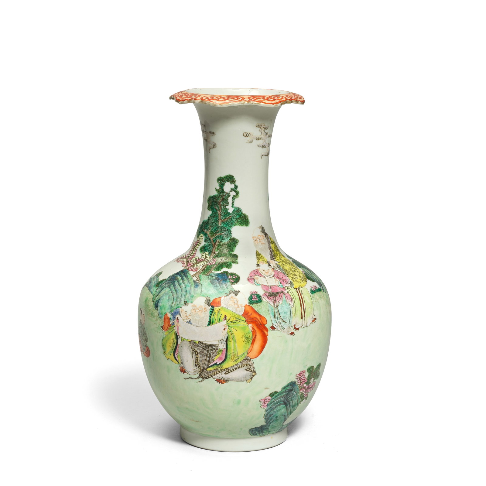 A FAMILLE ROSE 'SAGES' VASE 19th/20th century: A FAMILLE ROSE 'SAGES' VASE 19th/20th century The globular body rising from a short foot to a tall cylindrical neck with everted ruyi-shaped mouth rim, decorated around the exterior in bright enamels,