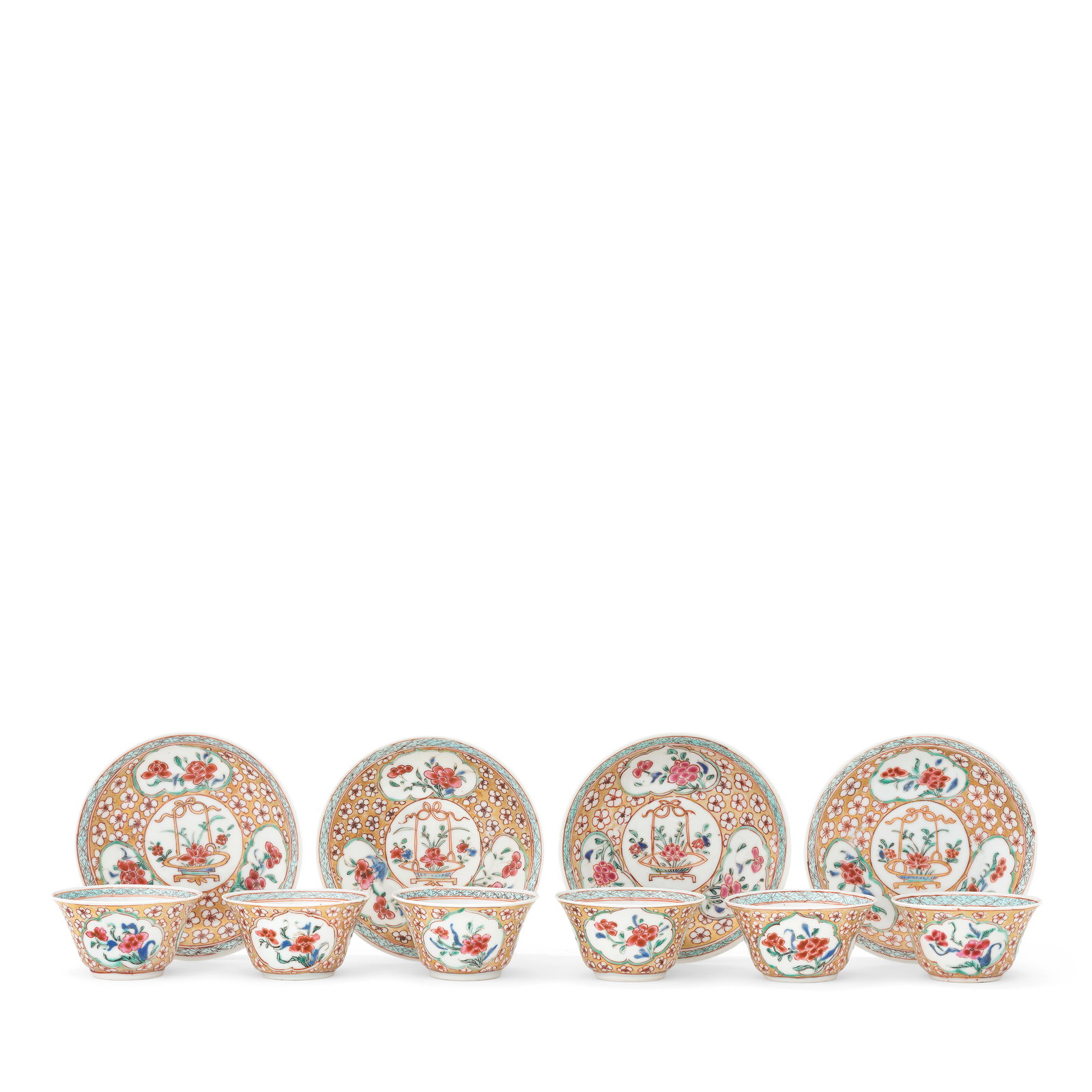 A SET OF SIX FAMILLE ROSE AND GILT-DECORATED TEA BOWLS AND FOUR SAUCERS 18th century (10): A SET OF SIX FAMILLE ROSE AND GILT-DECORATED TEA BOWLS AND FOUR SAUCERS 18th century Each tea bowl thinly potted with elegantly curving sides rising from a short foot to a flaring mouth rim, decorated