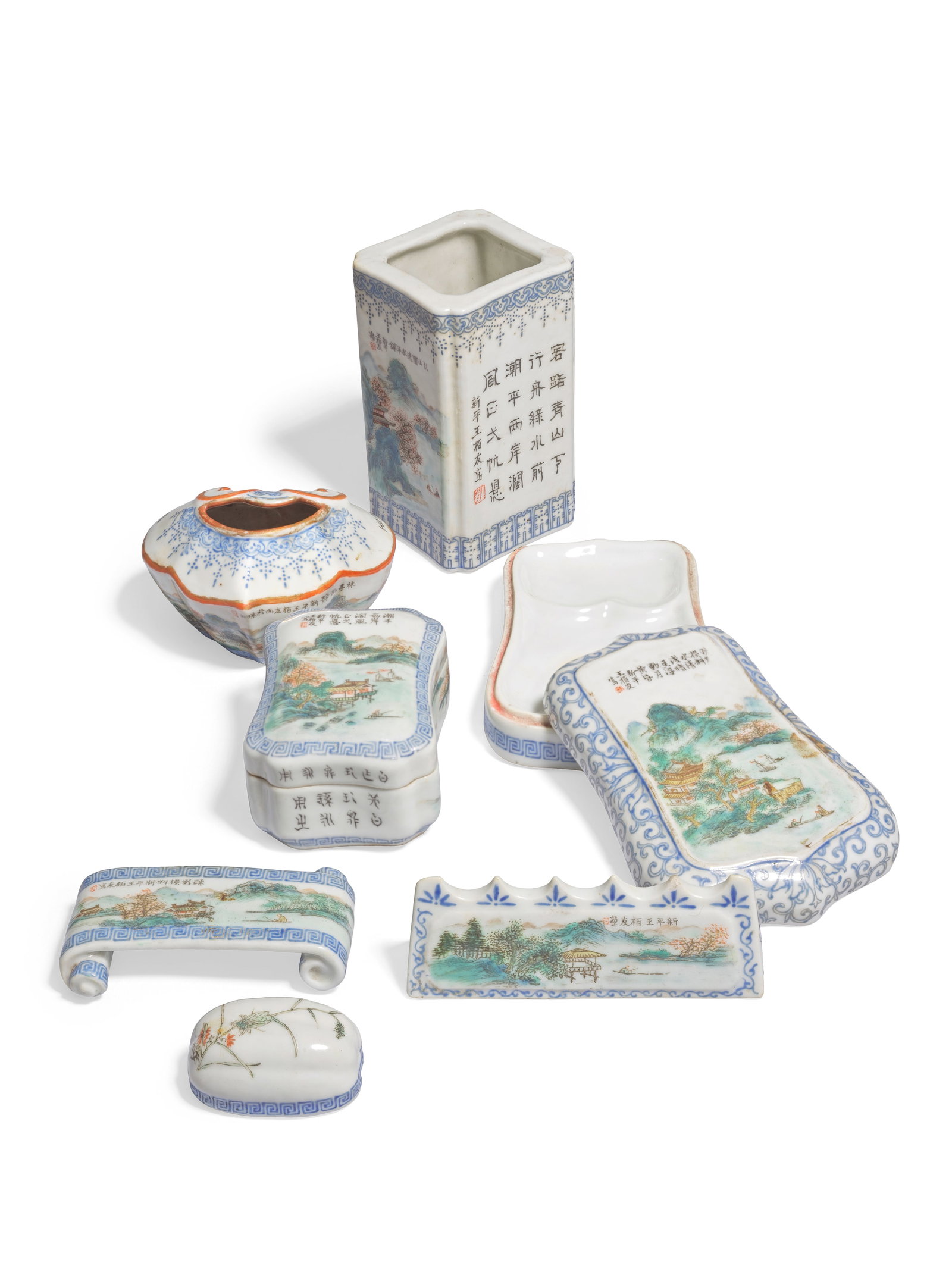 A GROUP OF POLYCHROME ENAMEL SCHOLAR'S DESK OBJECTS Signed Wang Baiyou, Qianlong marks, Republic...: A GROUP OF POLYCHROME ENAMEL SCHOLAR'S DESK OBJECTS Signed Wang Baiyou, Qianlong marks, Republic period Comprising a square, indented corner brushpot, with landscape and poetic inscriptions, an ink st