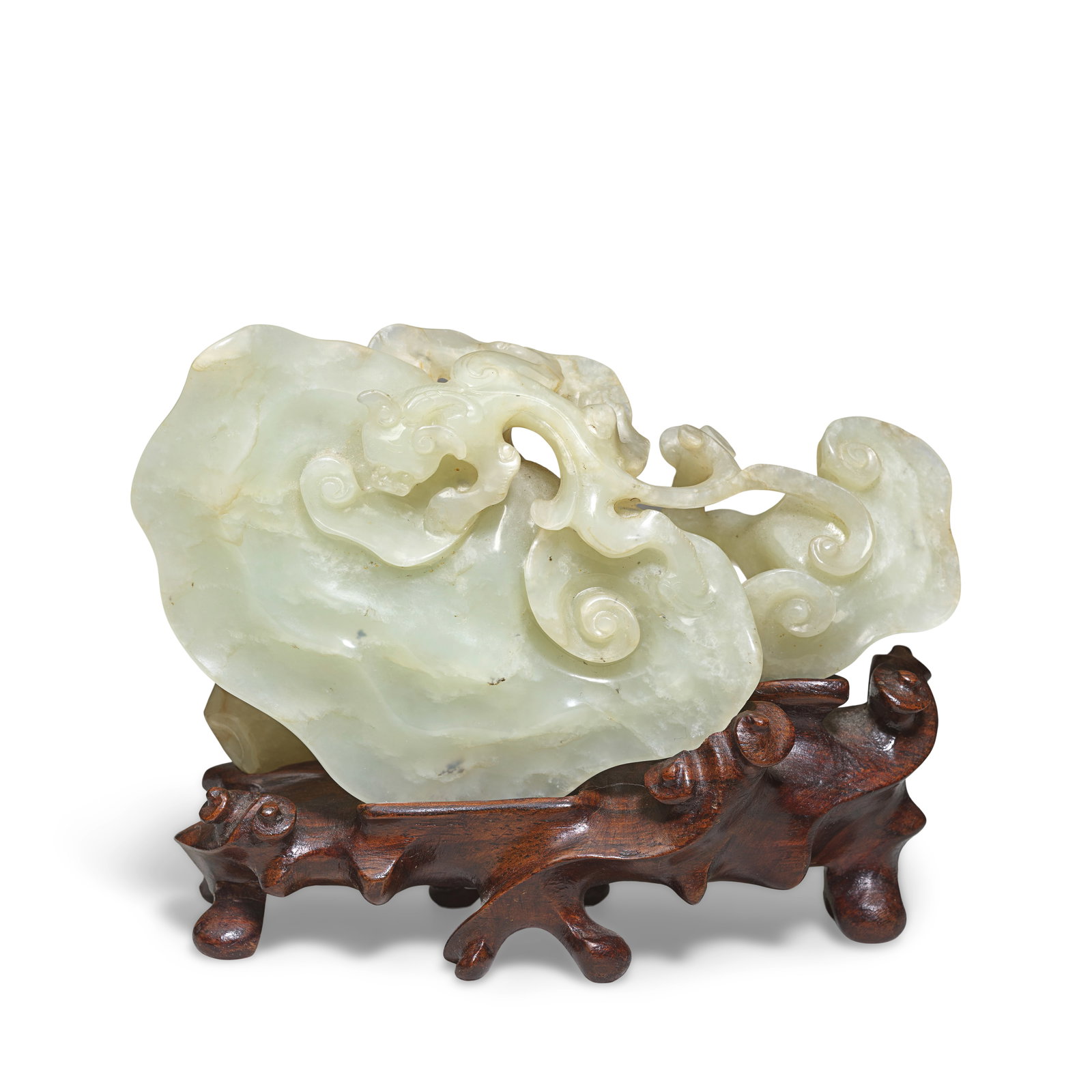 A PALE CELADON JADE 'CHILONG AND LINGZHI' GROUP 18th/19th century (2): A PALE CELADON JADE 'CHILONG AND LINGZHI' GROUP 18th/19th century Carved in the form of a double lingzhi cluster issuing from a gnarled branch, a sinuous chilong clambering atop the group, the stone w