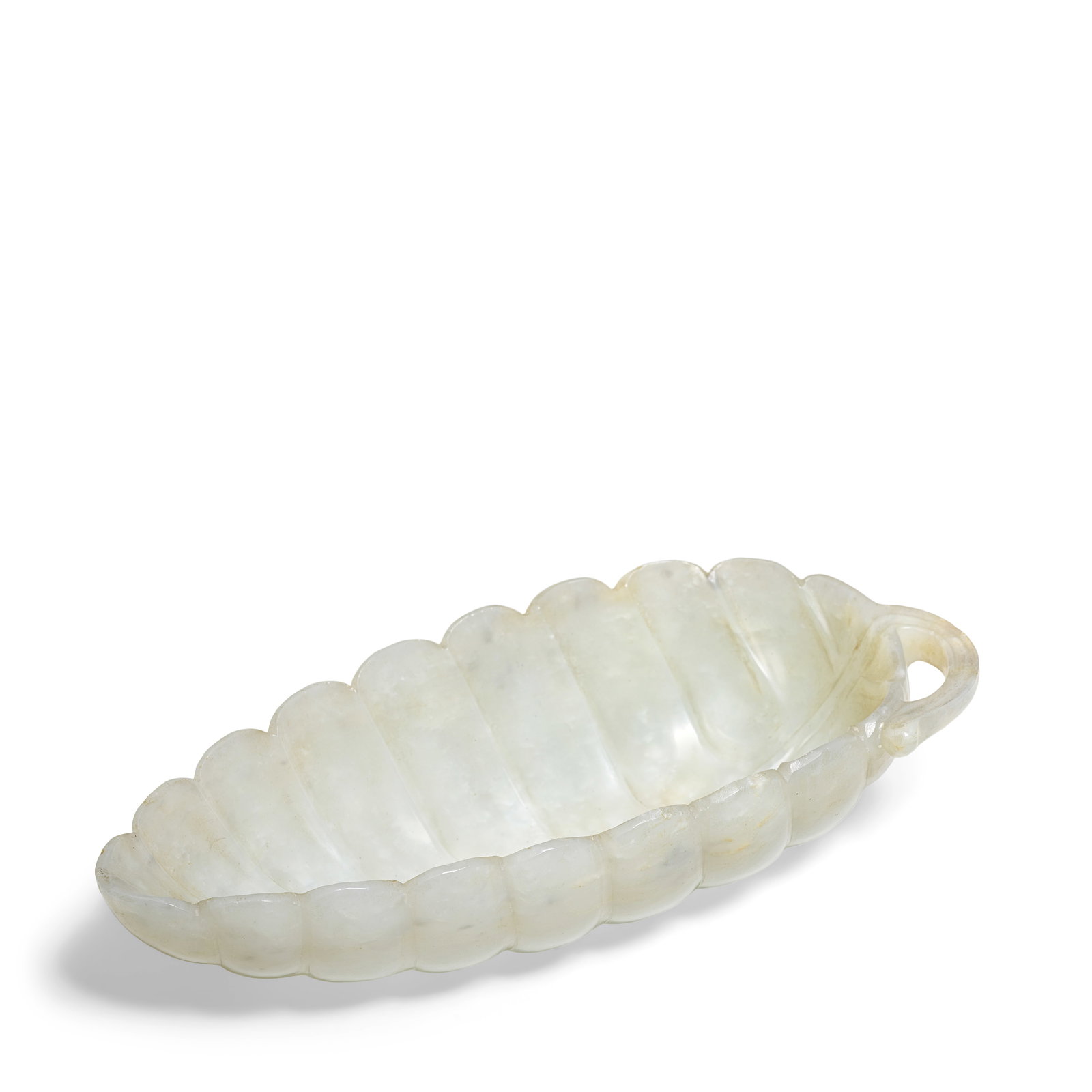 A PALE GREEN JADE 'LEAF' WASHER 19th century (2): A PALE GREEN JADE 'LEAF' WASHER 19th century Expertly hollowed and carved with thin curving walls in the form of a banana leaf, the stem curled to form a handle, the stone of pale green tone with fros
