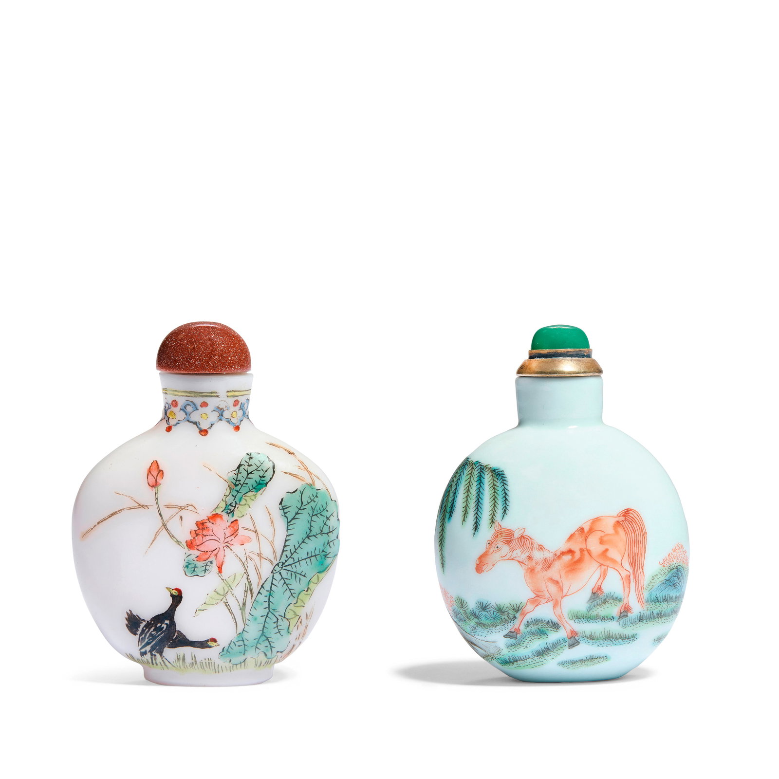 A 'BIRD AND LOTUS' GLASS SNUFF BOTTLE AND A 'HORSE AND MONKEY' SNUFF BOTTLE Qianlong four-charac...: A 'BIRD AND LOTUS' GLASS SNUFF BOTTLE AND A 'HORSE AND MONKEY' SNUFF BOTTLE Qianlong four-character mark, 18th/19th century The glass snuff bottle finely painted with two geese and butterflies standin