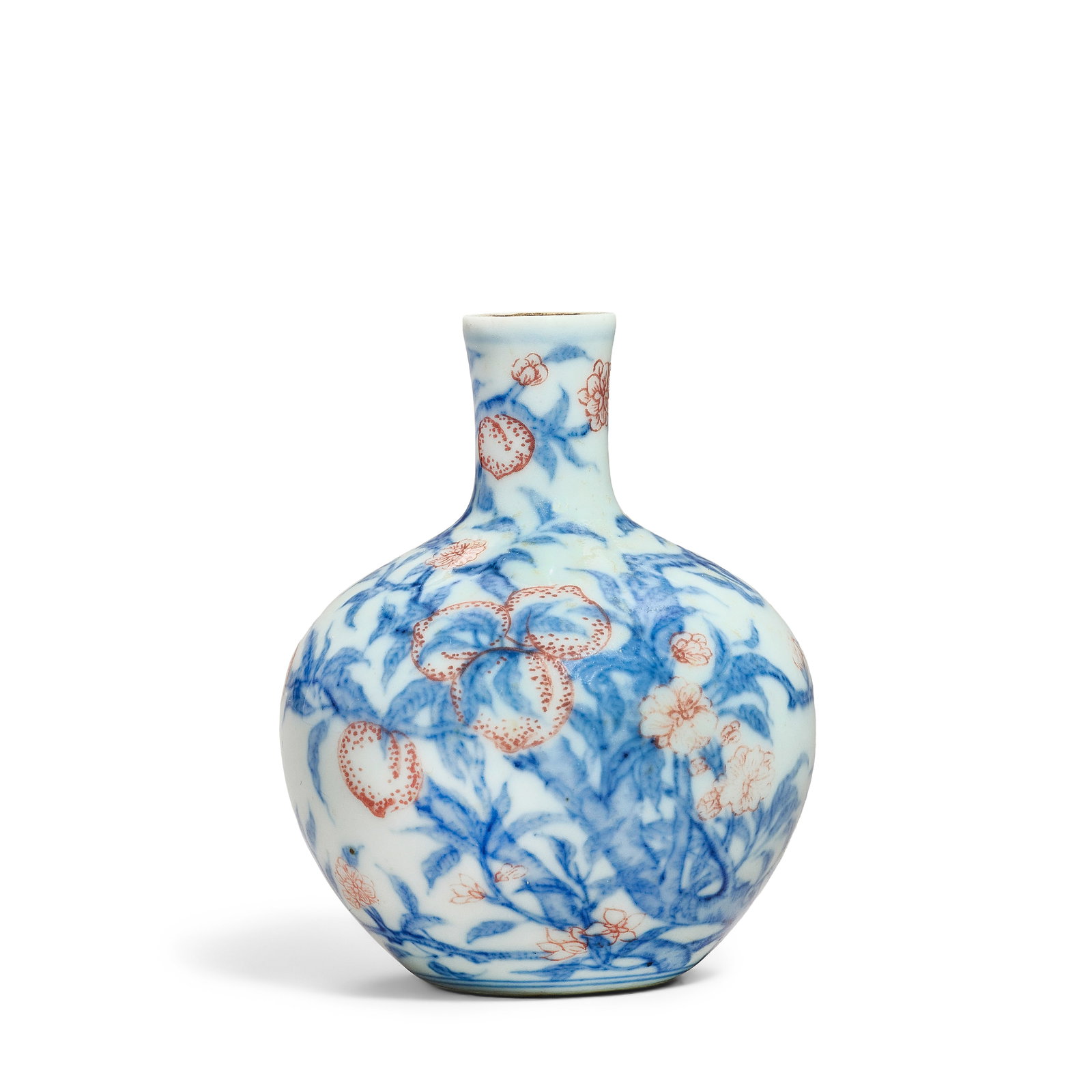 A MINIATURE UNDERGLAZE BLUE AND COPPER RED 'PEACHES' VASE, TIANQIUPING Daoguang four-character s...: A MINIATURE UNDERGLAZE BLUE AND COPPER RED 'PEACHES' VASE, TIANQIUPING Daoguang four-character seal mark and of the period Delicately painted with leafy branches bearing nine peaches and flowers. 5.5c