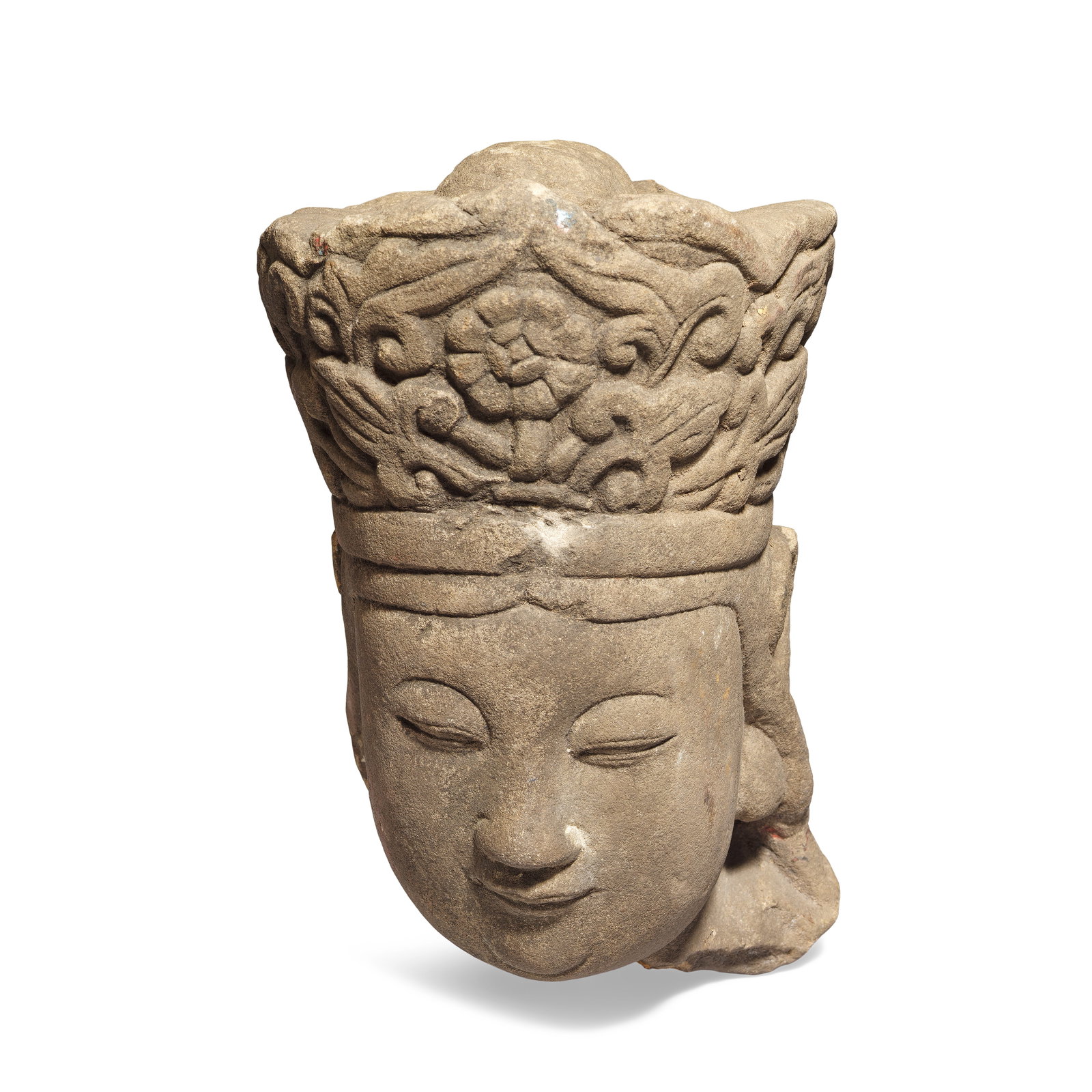A CARVED STONE HEAD OF A BODHISATTVA Yuan Dynasty (1 of 1)