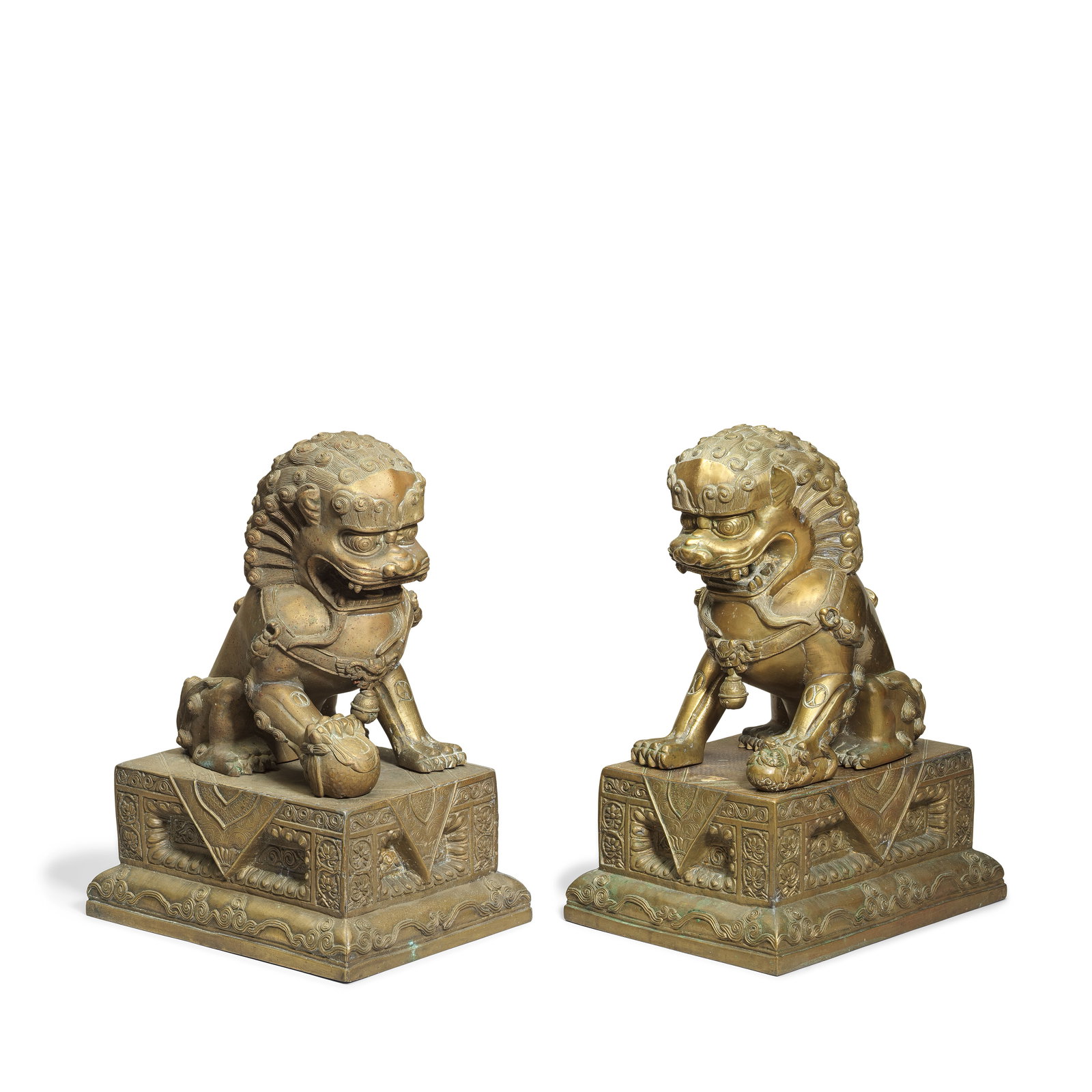 A PAIR OF BRONZE SEATED BUDDHIST LIONS AND STANDS Late Qing Dynasty (4) (1 of 1)