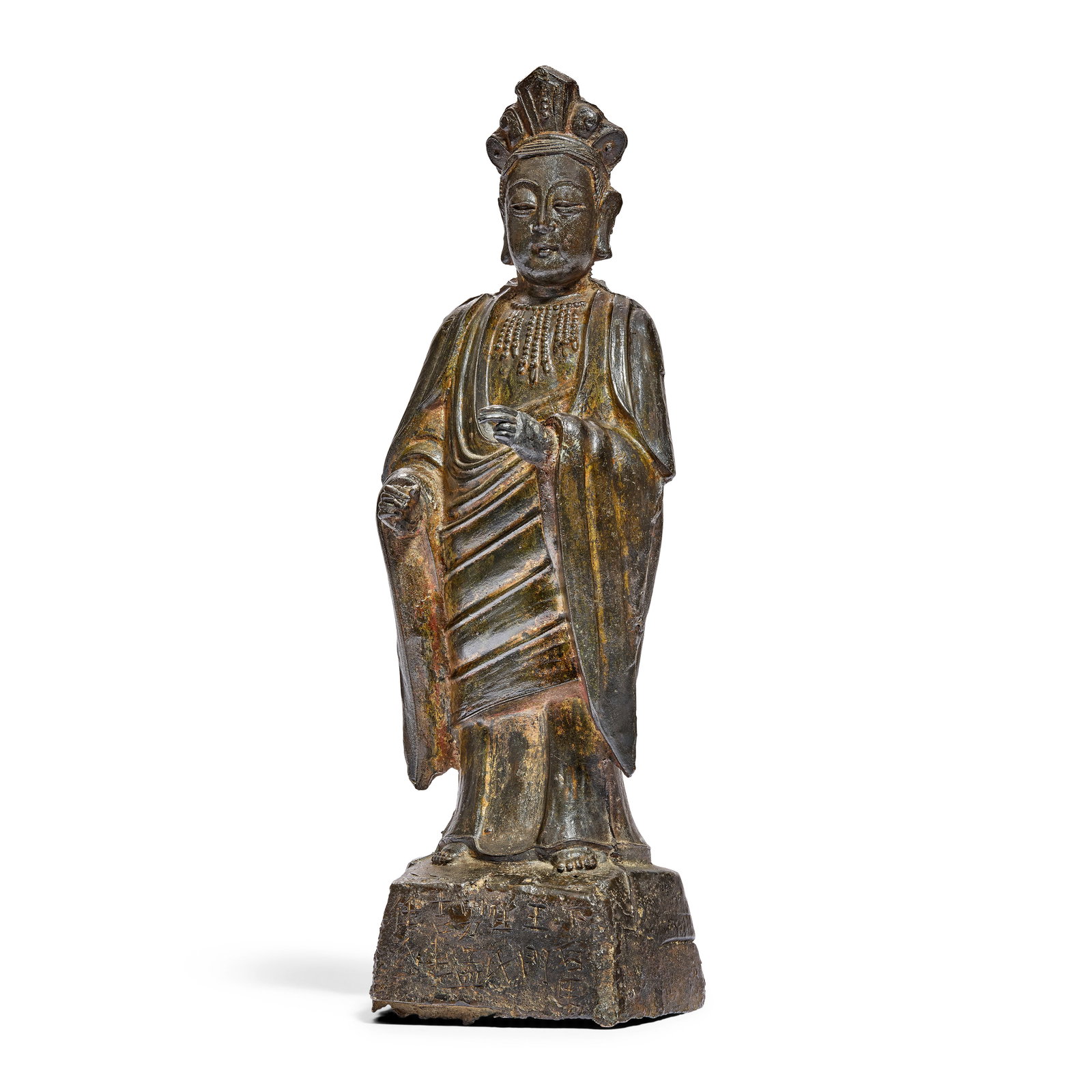 AN INSCRIBED BRONZE MODEL OF A COURT OFFICIAL Ming Dynasty: AN INSCRIBED BRONZE MODEL OF A COURT OFFICIAL Ming Dynasty The figure standing wearing elaborate robes draped across the body and with full sleeves, adorned with a three-pendant necklace and headdress