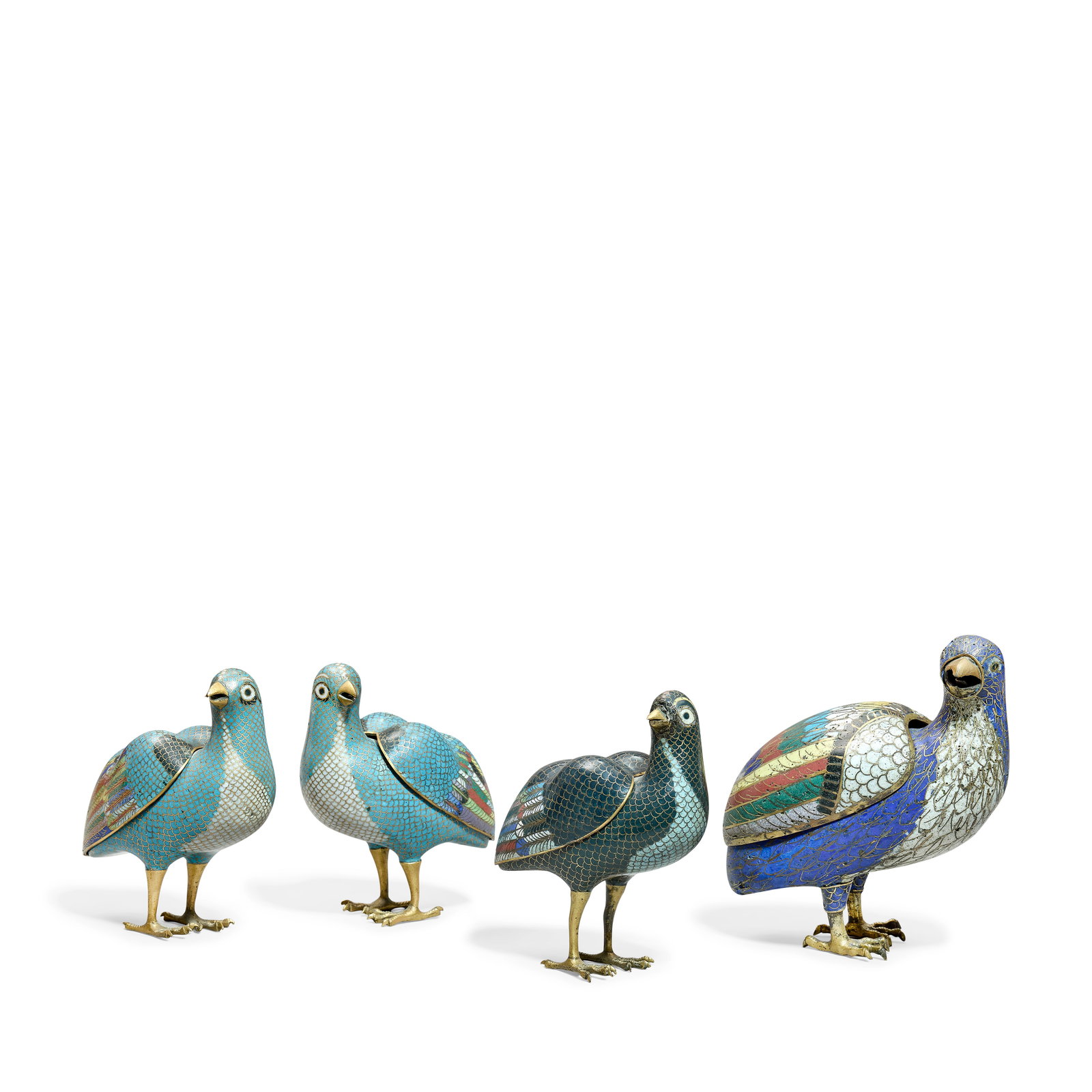 A NEAR PAIR AND TWO CLOISONNÉ ENAMEL 'QUAIL' INCENSE BURNERS AND COVERS Mid Qing Dynasty (8): A NEAR PAIR AND TWO CLOISONNÉ ENAMEL 'QUAIL' INCENSE BURNERS AND COVERS Mid Qing Dynasty Each with the heads turned, the wings tucked behind forming the rounded covers, the plumage finely detaile