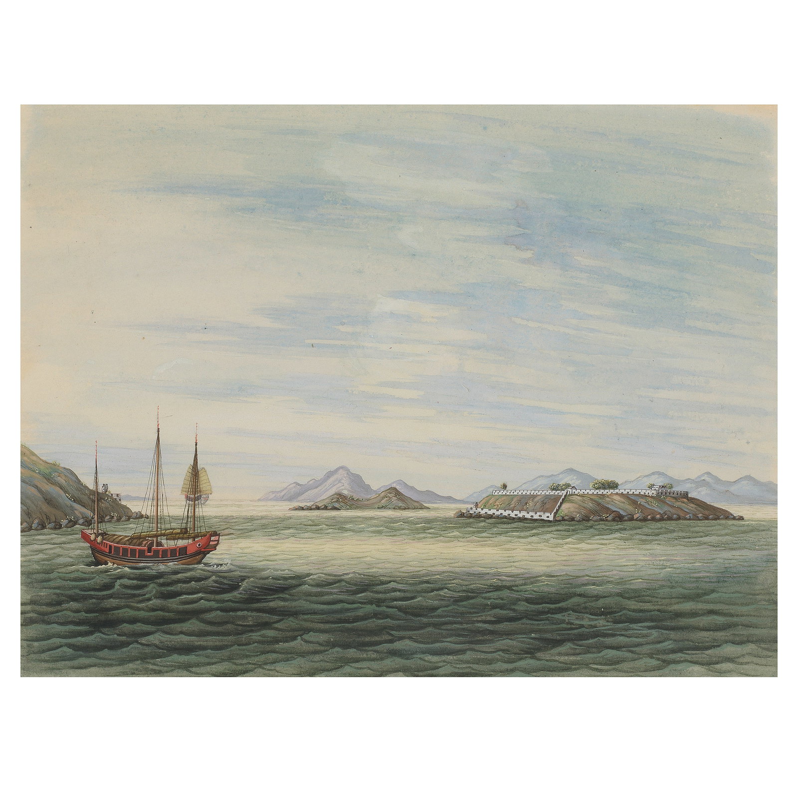 CHINESE ARTIST (CIRCA 1835) Bocca Tigris straits in the Pearl River: CHINESE ARTIST (CIRCA 1835) Bocca Tigris straits in the Pearl River Watercolour and gouache on paper, framed, watermark: Whatman 1830. 15.5cm (6 1/8in) high x 20cm (7 7/8in) wide. Footnotes: 中&