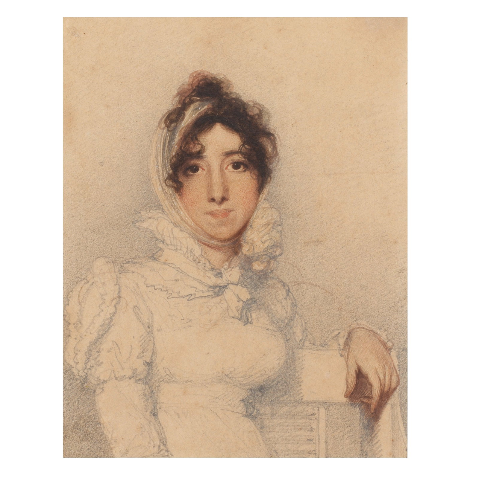 GEORGE CHINNERY (1774-1852) Half-portrait of a young lady in a frilled collar: GEORGE CHINNERY (1774-1852) Half-portrait of a young lady in a frilled collar Pencil, pen and sepia ink and watercolour on card, framed. 11.2cm (4 3/8in) high x 8.8cm (3 1/2in) wide. Footnotes: ຶ