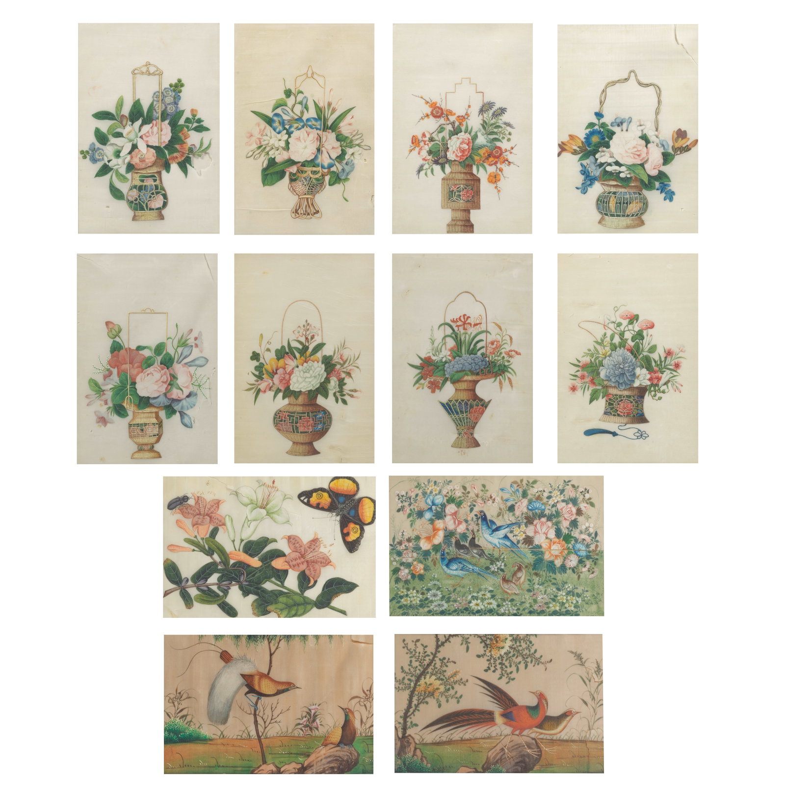 CHINESE ARTIST (19TH CENTURY) Flower baskets; birds and flowers (12): CHINESE ARTIST (19TH CENTURY) Flower baskets; birds and flowers Gouache on pith paper, comprising a set of eight paintings of flower baskets, and four bird and flower paintings, framed. 23cm (9in) hig