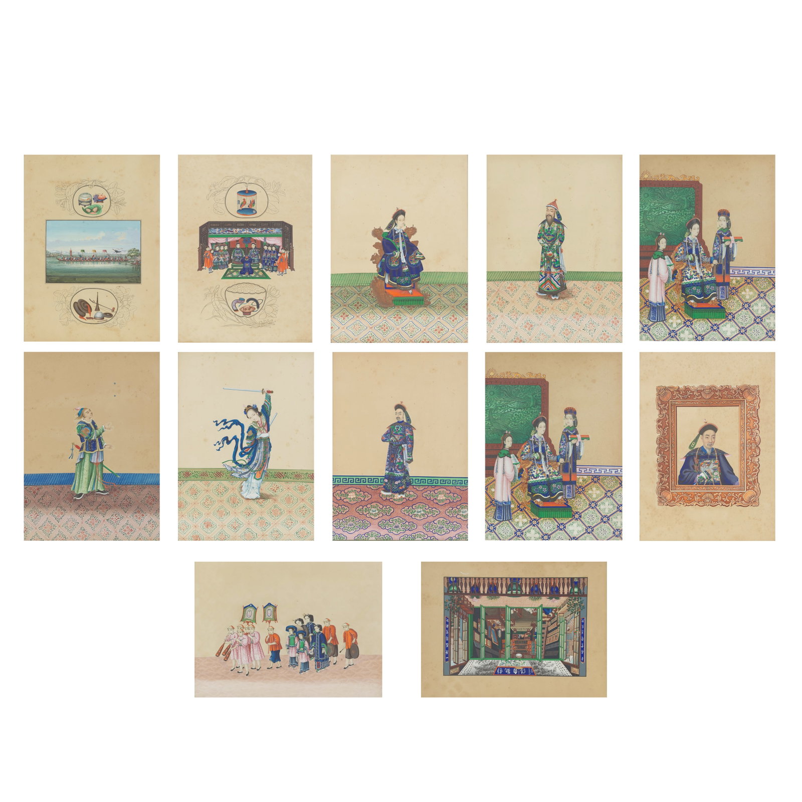 TINGQUA (1809-1870) OR STUDIO Various Subjects (12): TINGQUA (1809-1870) OR STUDIO Various Subjects Watercolour, body-colour and gold paint on paper, twelve framed album leaves, a note affixed to the reverse of one frame reads, This book was in the poss