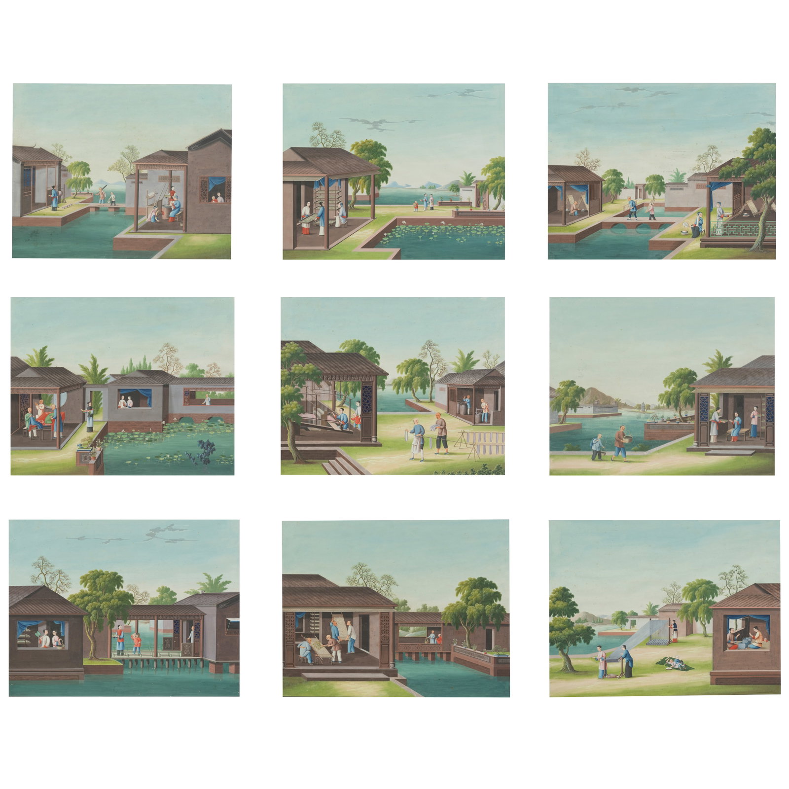 CHINESE SCHOOL (CIRCA 1800) Silk Production (9): CHINESE SCHOOL (CIRCA 1800) Silk Production Nine paintings from a series, gouache on paper, framed and glazed. Each 39cm (15 3/8in) high x 48.5cm (19 1/8in) wide. (9). Footnotes: 中國Ĭ