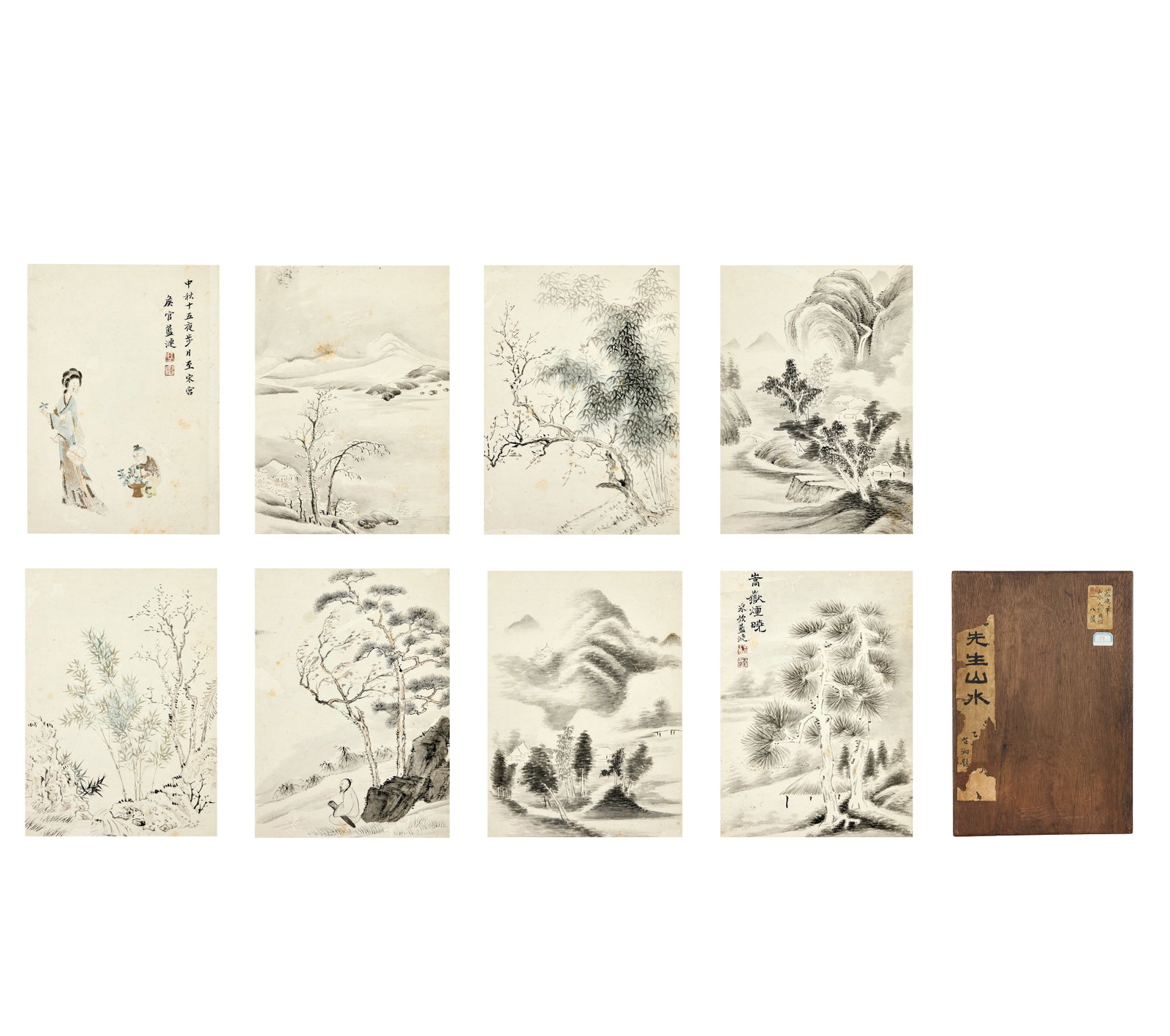 LAN LIAN (1650-1730) Figures and Landscapes: LAN LIAN (1650-1730) Figures and Landscapes Album of eight leaves, ink and colour on paper. Each leaf 24.3cm (9 9/16in) high x 17.5cm (6 7/8in) wide. Footnotes: 藍漣 山水ߟ