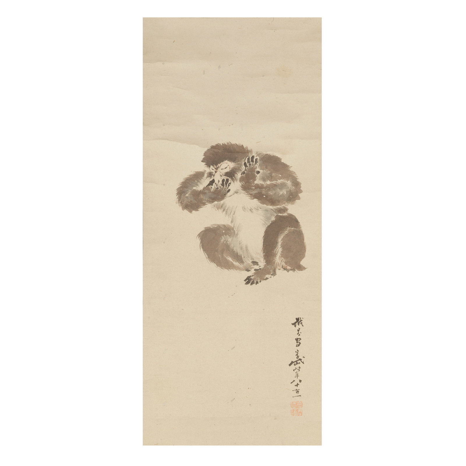 KISHI GANTAI (1782-1865) Monkey: KISHI GANTAI (1782-1865) Monkey Ink on paper, hanging scroll; painted at age 81, corresponding to year 1863. 68cm (26 3/4in) high x 29cm (11 7/16in) wide. Footnotes: 岸岸岱 猿 