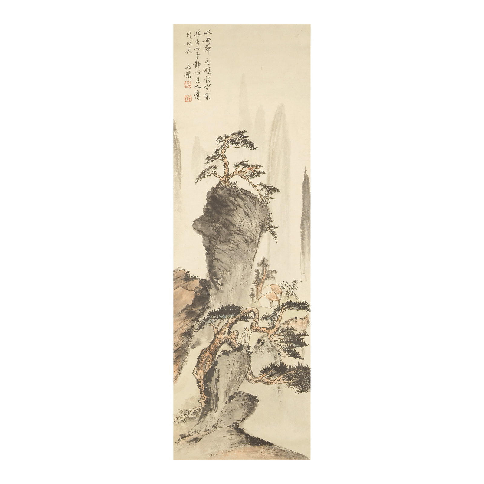 QIAN SHOUTIE (1896-1967) Landscape: QIAN SHOUTIE (1896-1967) Landscape Ink and colour on paper, hanging scroll, hongmu scroll ends, signed Shoutie and with two artist's seals. 115cm (45 1/4in) high x 37cm (14 1/2in) wide. Footnotes: 
