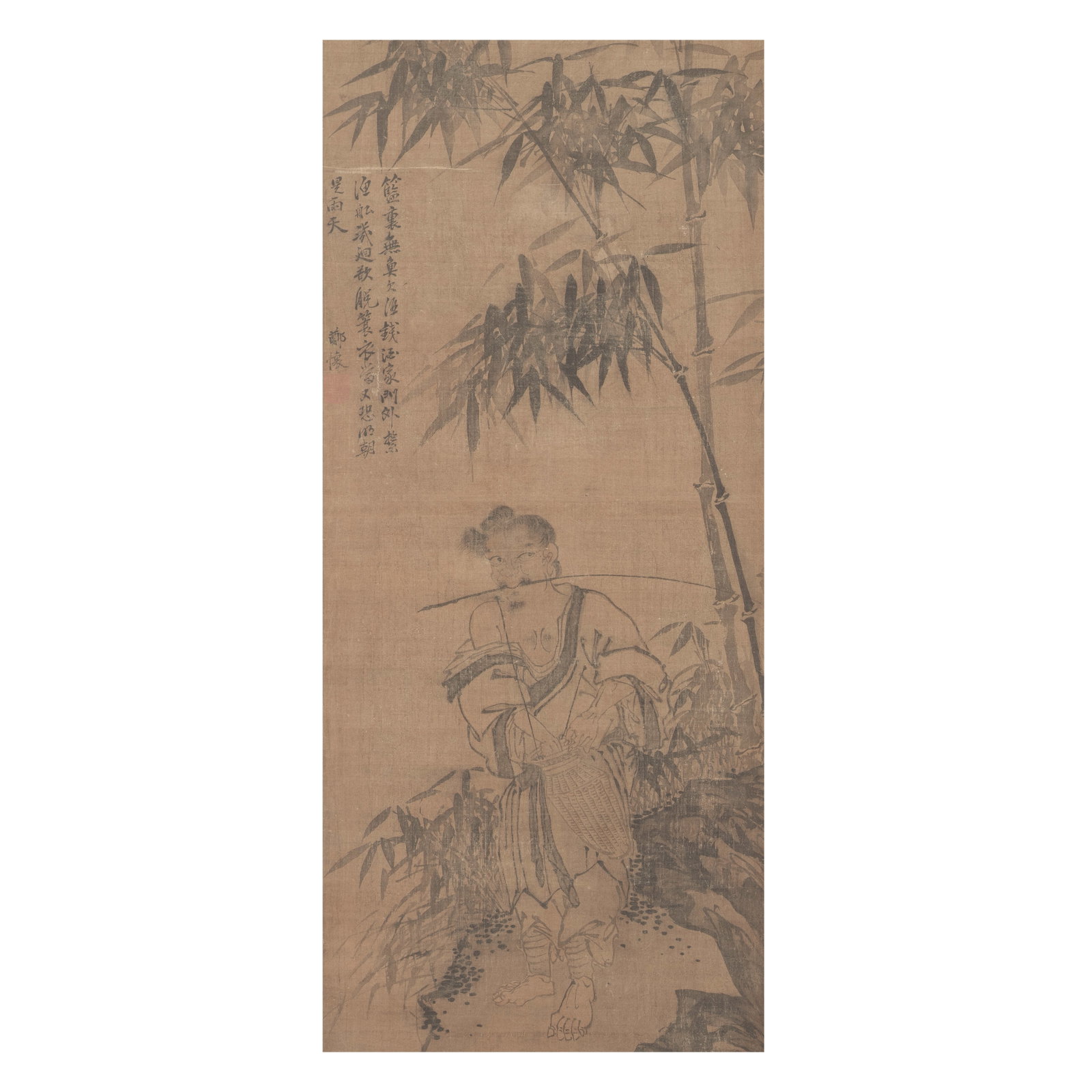 ZHENG HUAI Fisherman: ZHENG HUAI Fisherman Ink on silk, hanging scroll. Signed Zheng Huai and with a seal, ivory scroll ends. 102cm (40 1/4in) high x 45cm (17 3/4in) wide. Footnotes: 鄭懷 漁人ࢵ